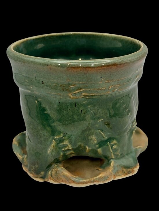 Handmade Other - Signed MF Handmade Green Glazed Ceramic Planter Rustic Footed Studio Pottery 4.5